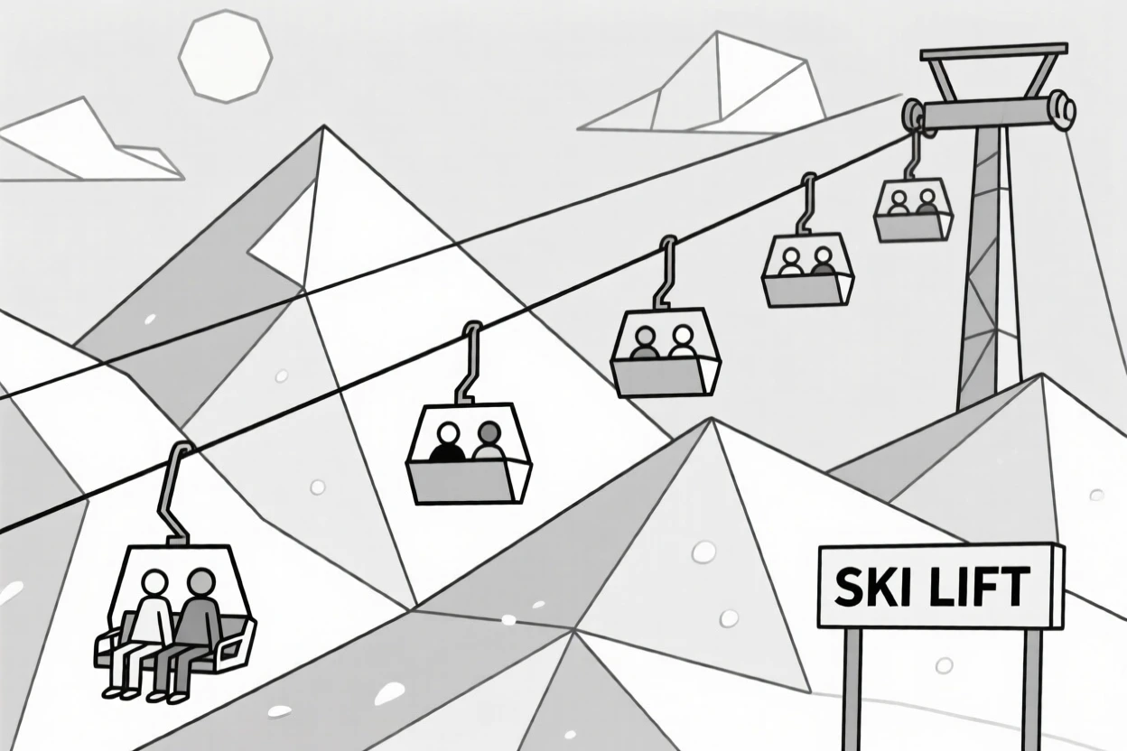 A ski lift carrying passengers up a snowy mountain