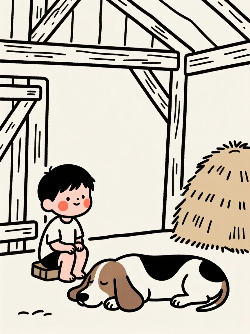 A little boy with a sleepy basset hound, glowing with nostalgia, in a rustic barn.