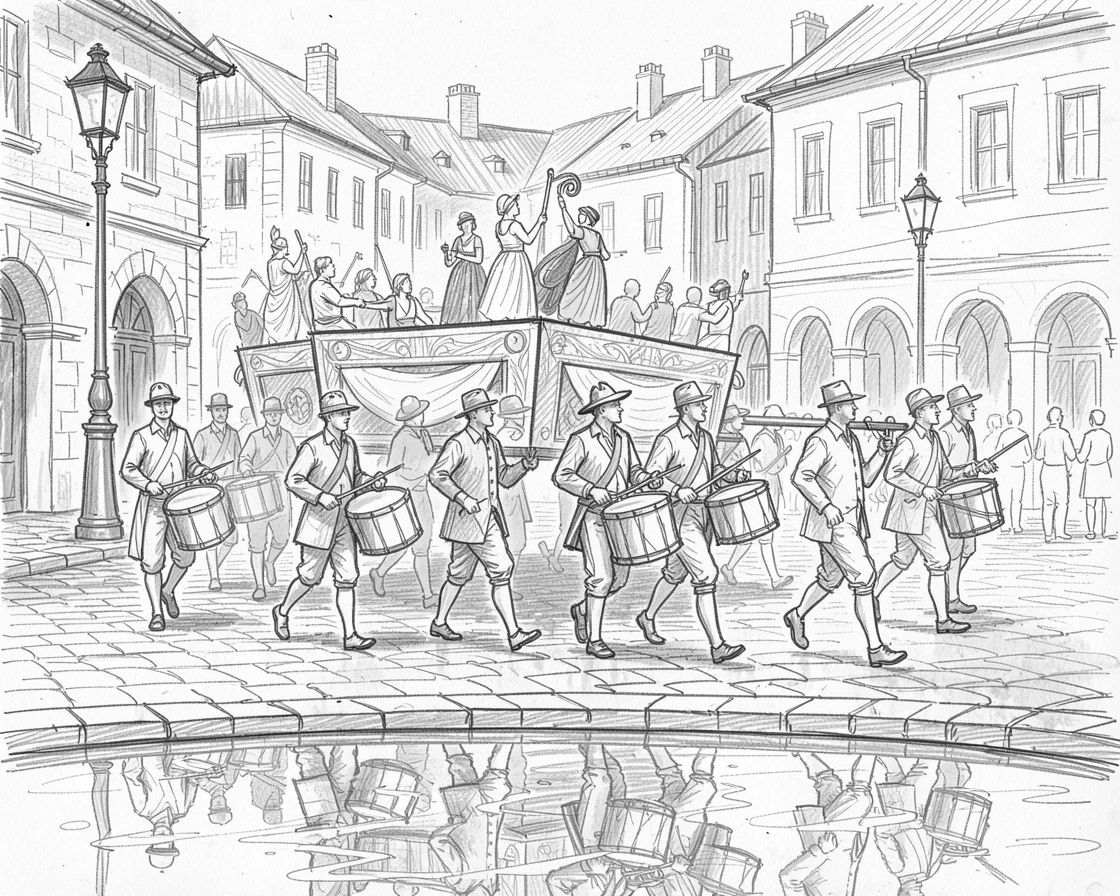 Performers marching with vivid floats and drums, in a historic old town square, with reflections shimmering on calm water.