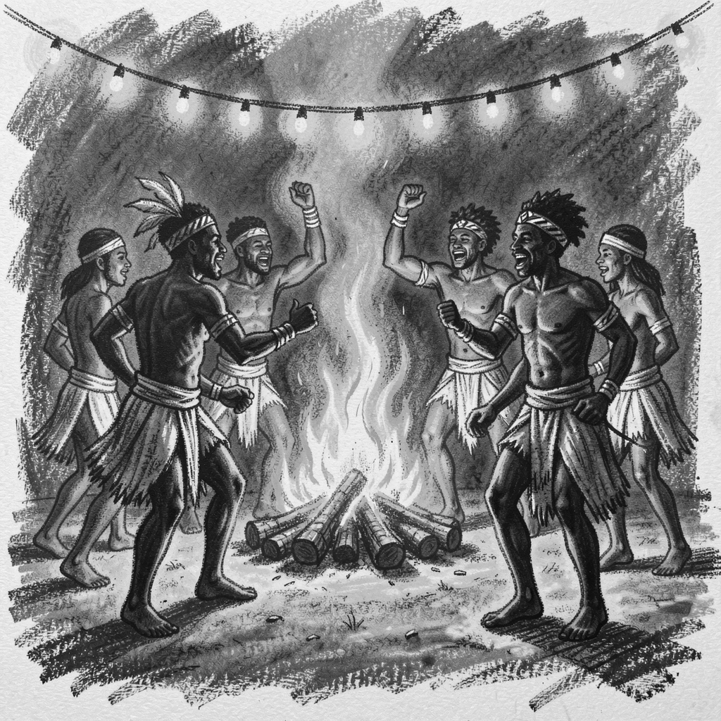 An African tribal dance ceremony around a bonfire, under the warm glow of string lights.