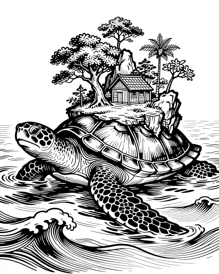 A giant turtle carrying a small floating island on its back through the ocean.