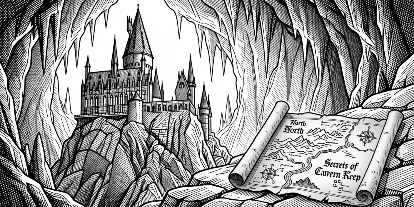A castle built into the side of a mountain deep within a glowing underground cavern, with an old map unfurled nearby, forming a richly imaginative fantasy scene.