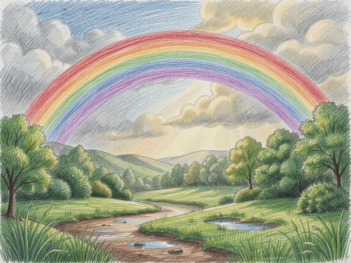 A double rainbow arching over a lush green valley after rain, captured in a quiet, intimate moment full of atmosphere, radiating comfort, joy, and quiet beauty.