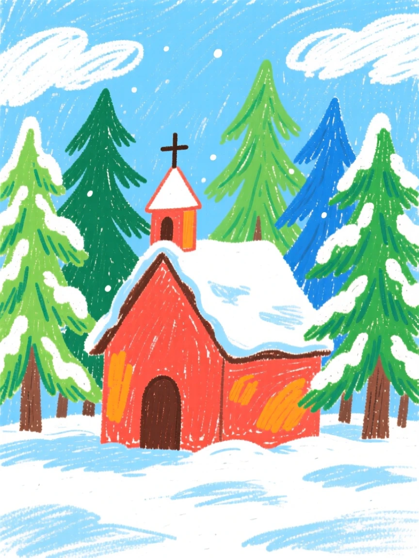 A tiny chapel nestled among snow dusted pine trees.