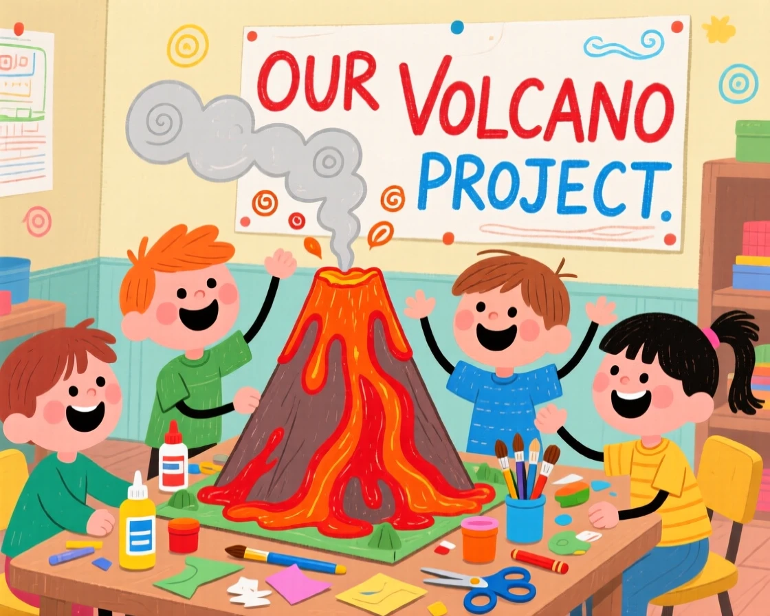 Children building a volcano model for a science project.