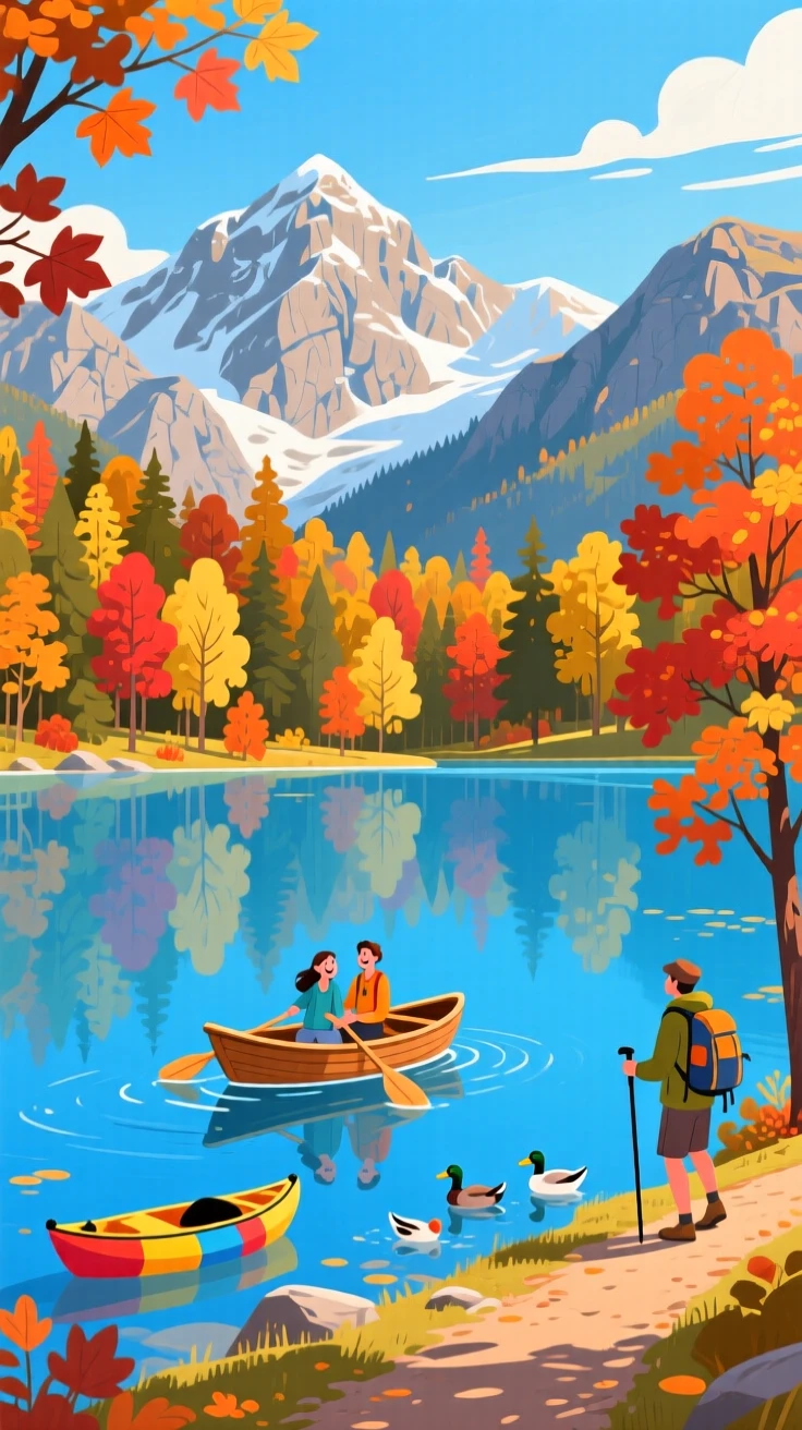 A scenic mountain lake surrounded by autumn-colored trees, surrounded by a lively, colorful atmosphere, composed with a postcard-worthy balanced perspective, with a joyful, adventurous atmosphere.
