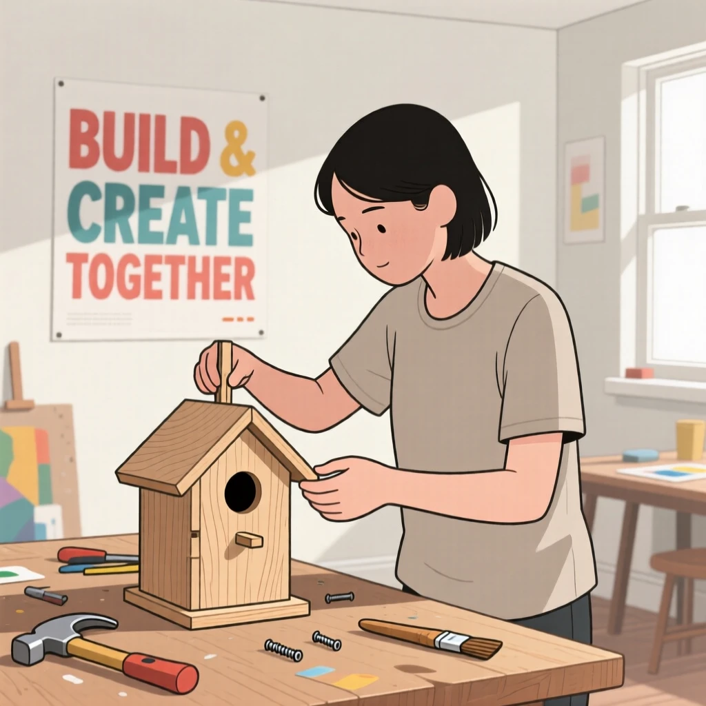 A person building a birdhouse in a community art room.