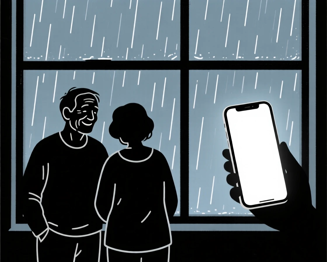 An old friend reunion standing in a rain-streaked window, embodying a feeling of quiet relief, with a glowing phone screen nearby.