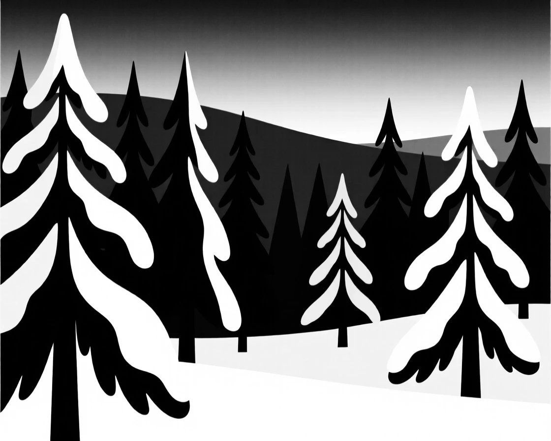 A snow-covered pine forest at twilight.