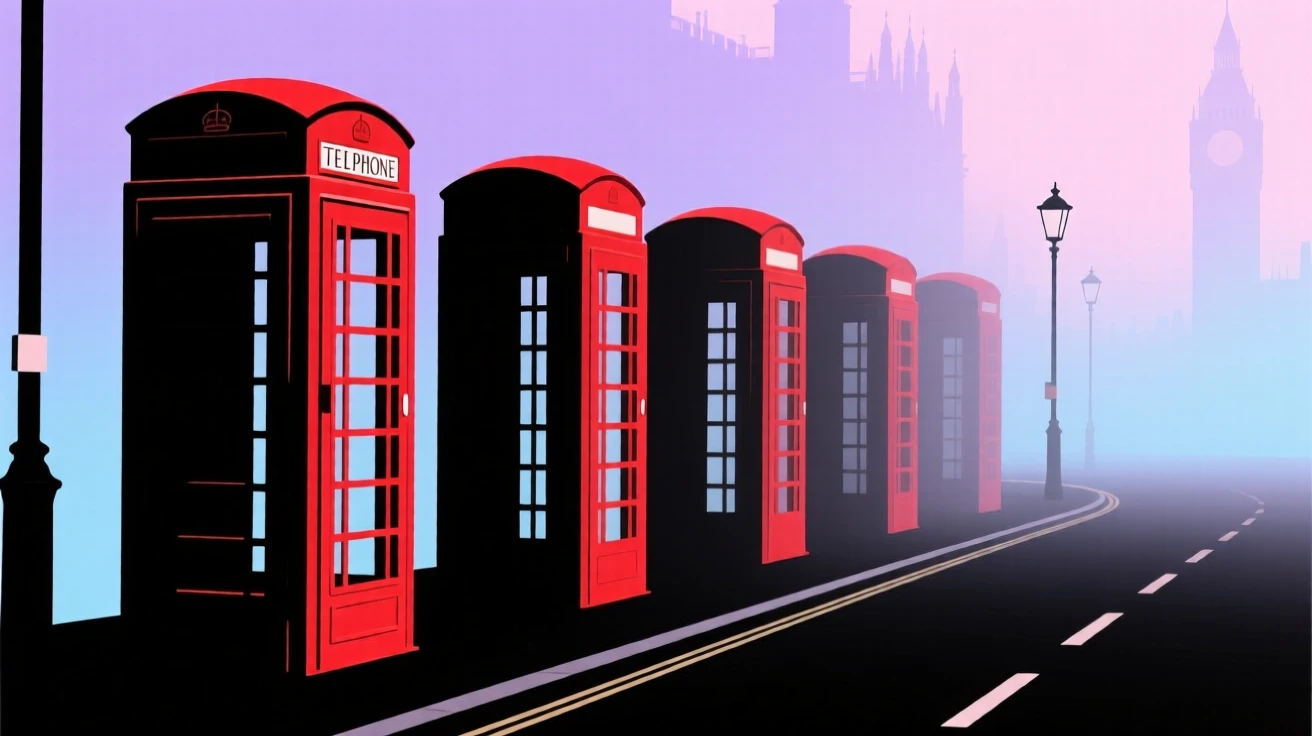 A row of iconic red telephone boxes lining a foggy London street.