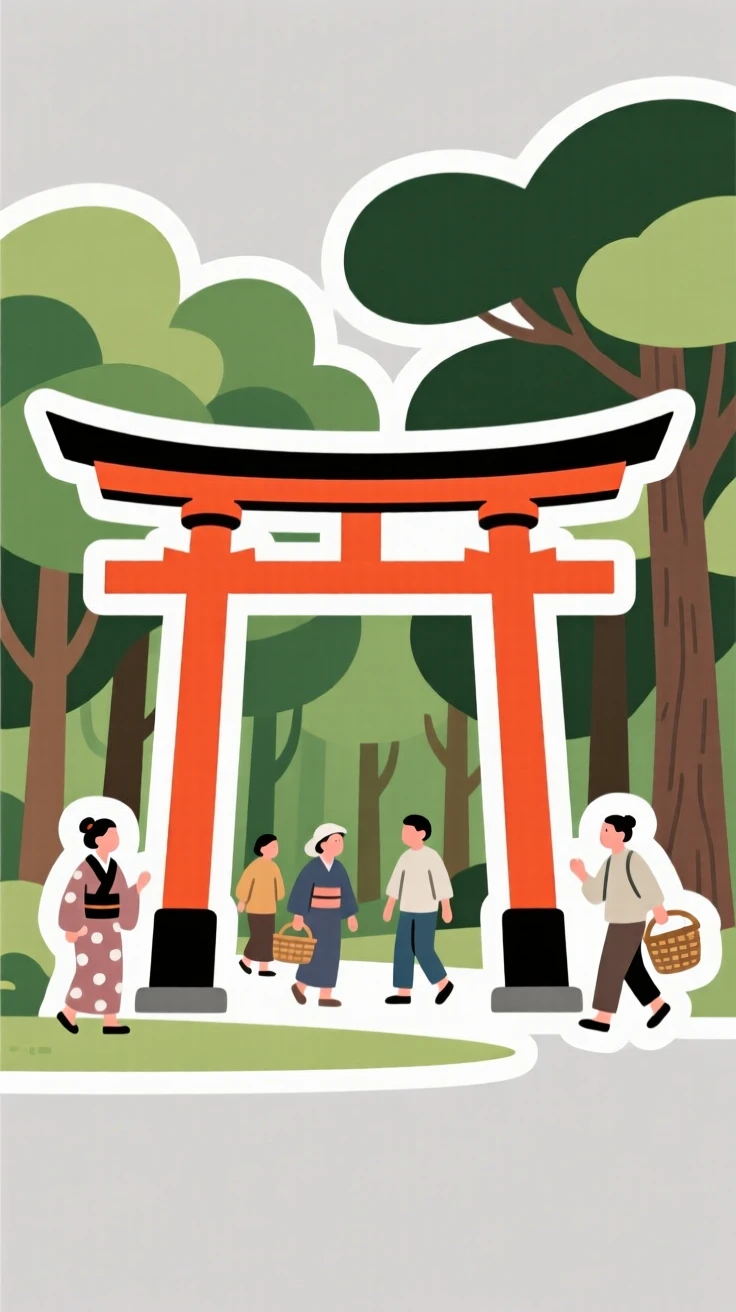 A charmingly authentic traditional Japanese torii gate in a forest, with locals going about their day, on a warm and welcoming afternoon.
