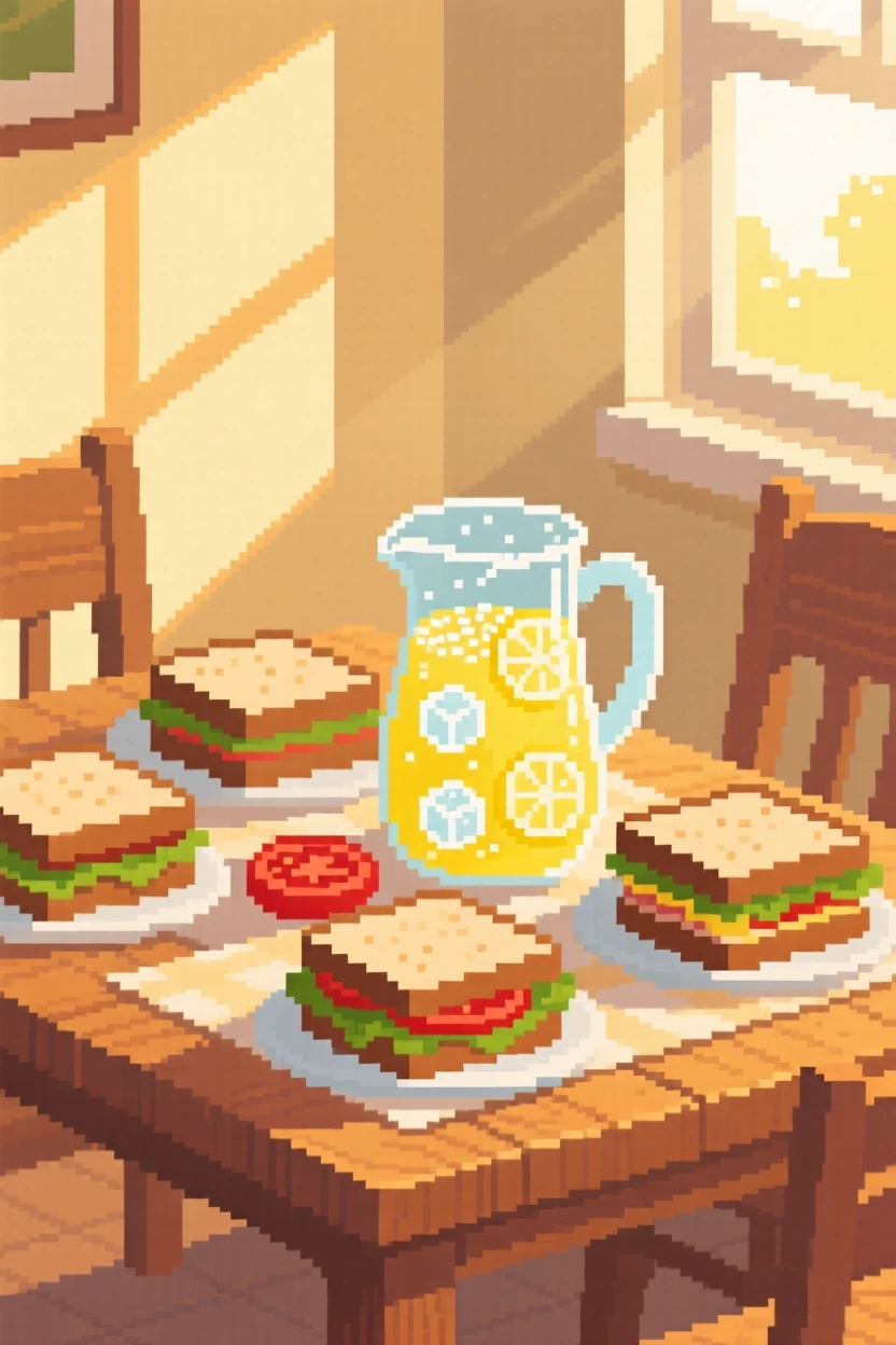 A picnic spread of sandwiches and lemonade topped with a dusting of powdered sugar, in a sunlit breakfast nook.