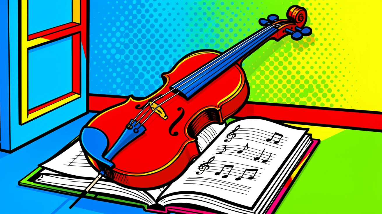 A violin resting on an open sheet of music beside a window