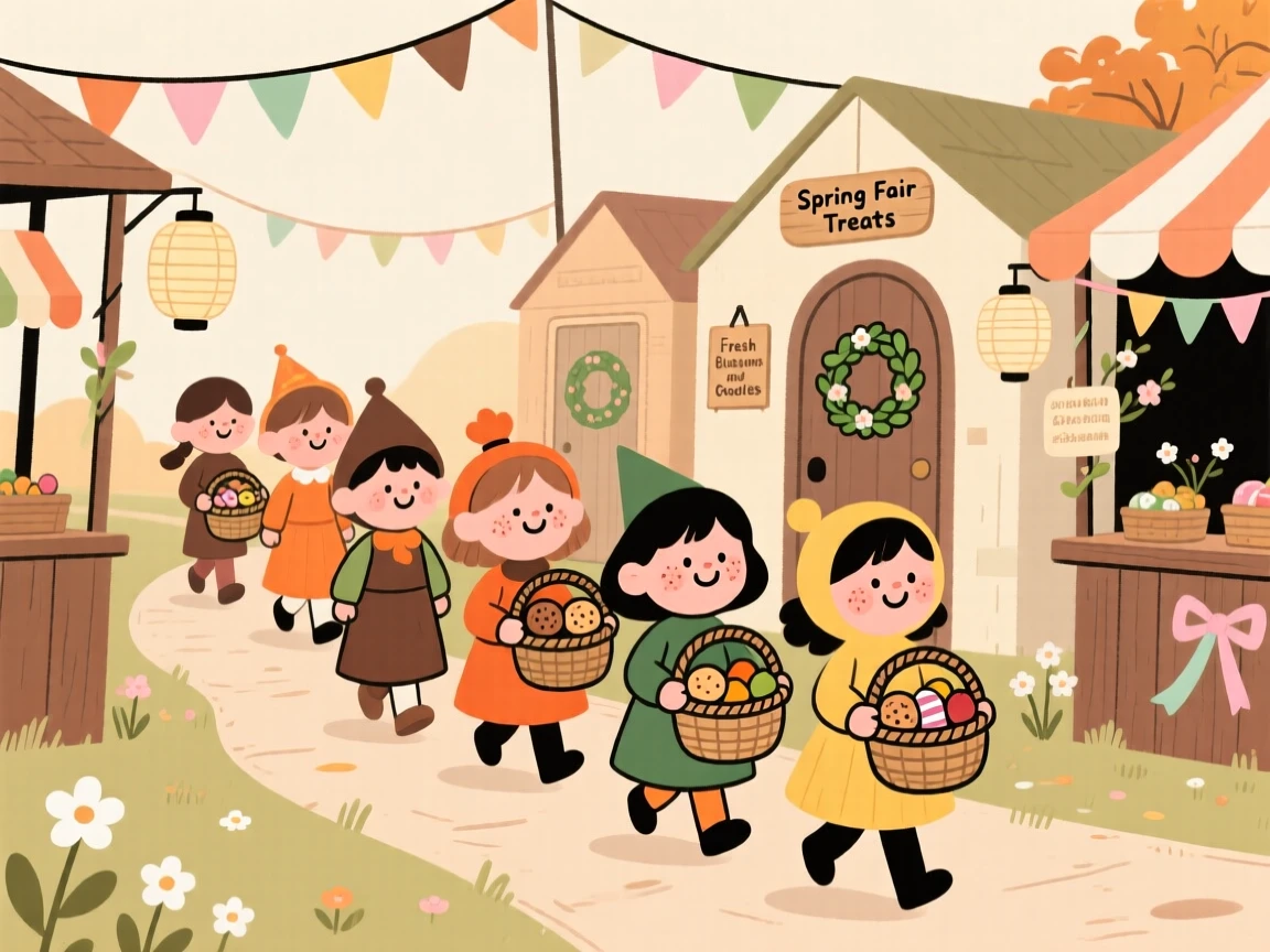 Children in colorful costumes carry baskets of treats through a autumn fairground decorated for a spring festival, giggling at every doorway.