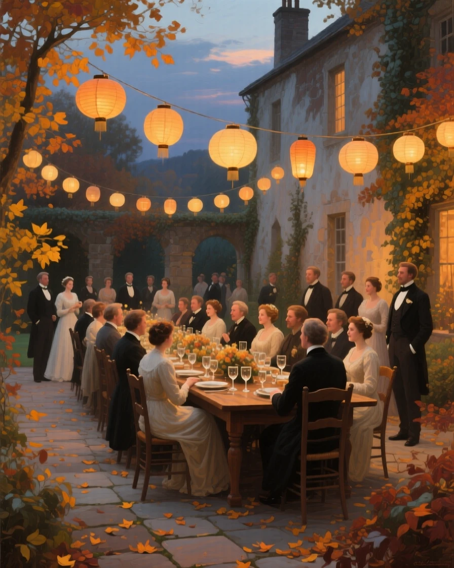An expansive vista of a wedding feast held beneath strings of lanterns in a garden courtyard, as autumn leaves turn gold, at twilight.