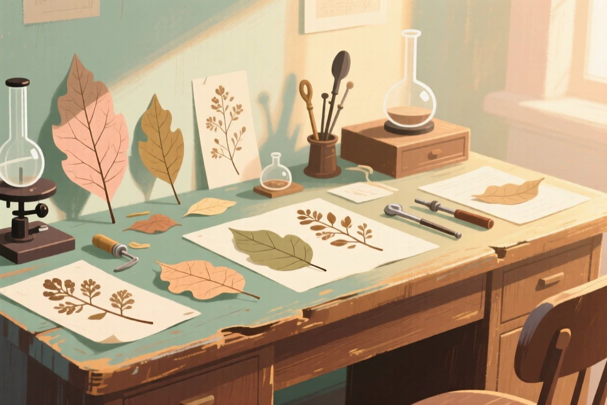 An old naturalist's desk scattered with pressed leaves and specimens