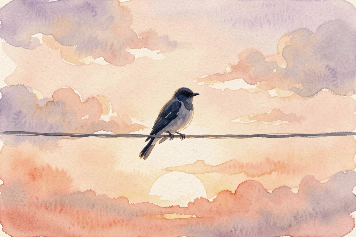 A single bird perched on a wire against a soft sunset sky evoking a deep sense of calm.
