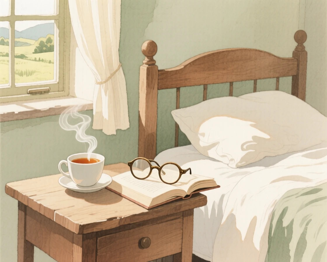 A charming view of a countryside bedroom, with steam rising from a fresh cup of tea, featuring a pair of reading glasses resting on an open book