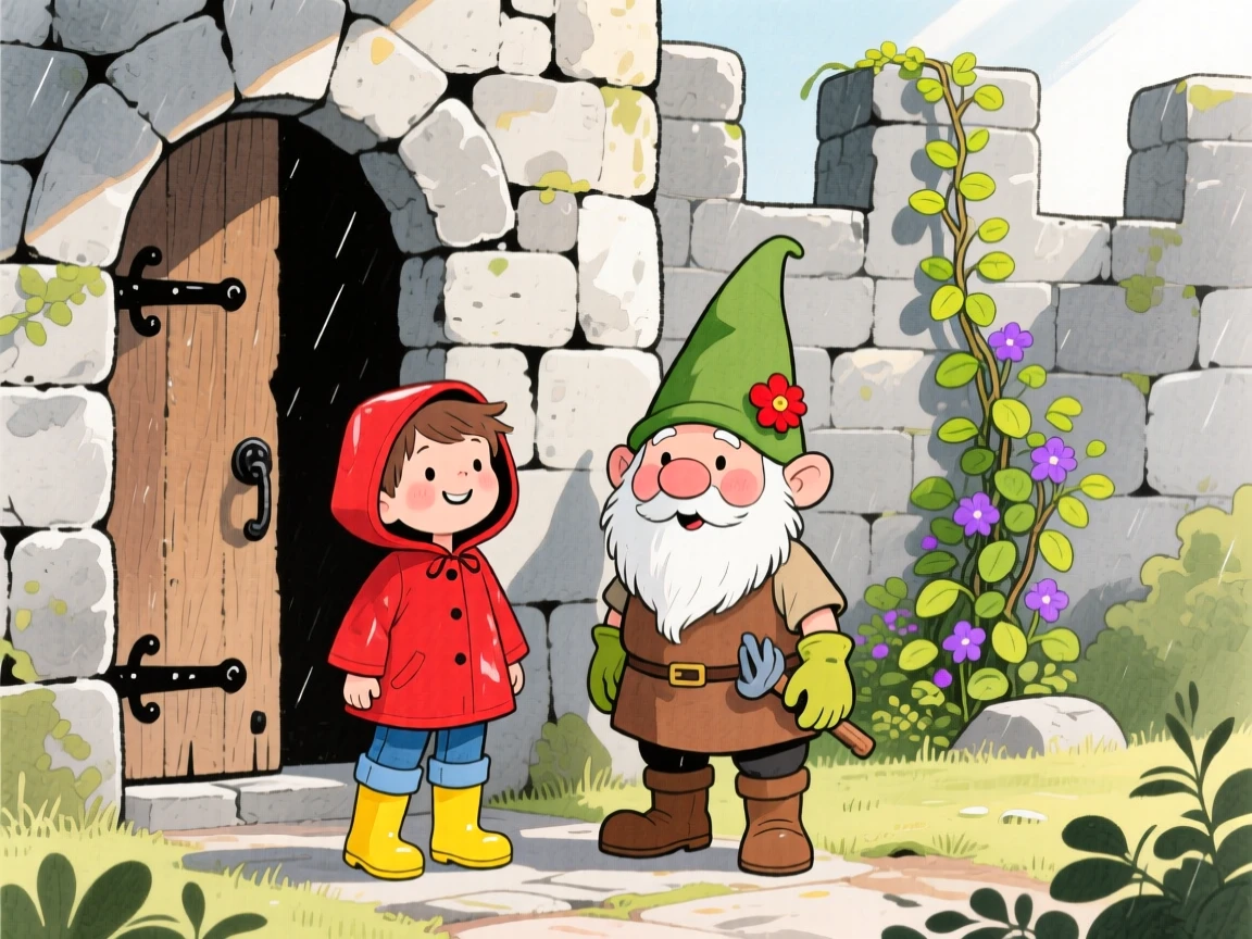 A small boy in rain boots and a cheerful gnome gardener exploring an ancient stone castle together.