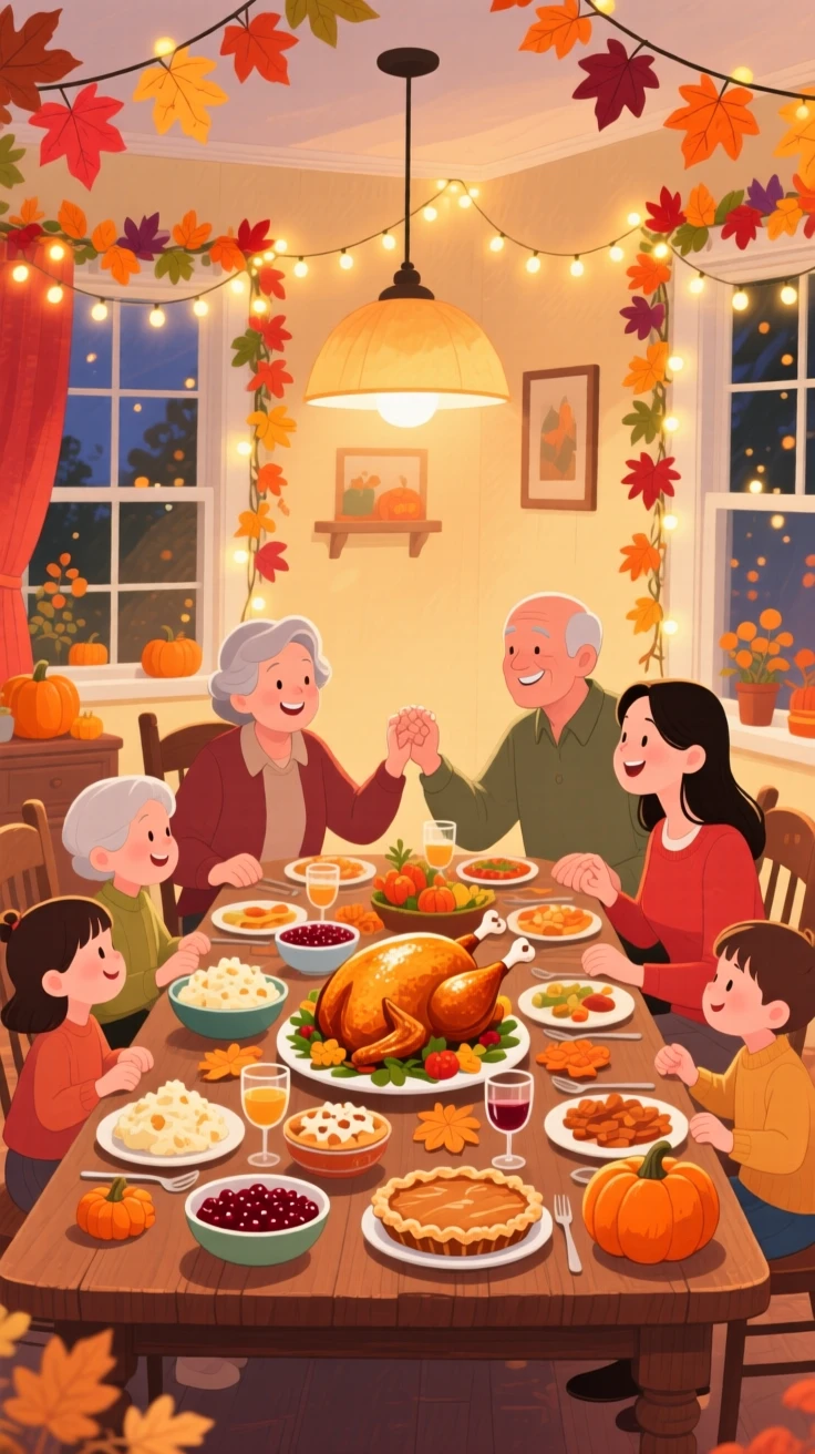 A table set for Thanksgiving dinner with family gathered around, in a warmly lit dining room decorated with autumn leaves, with twinkling lights reflected in everyone's eyes, evoking gratitude and warmth of the harvest season.