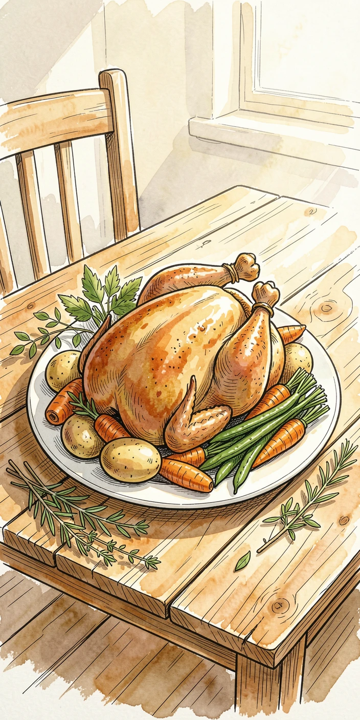 A farmhouse table set with roasted chicken, vegetables, and fresh herbs, a cozy, homemade atmosphere filling the scene.