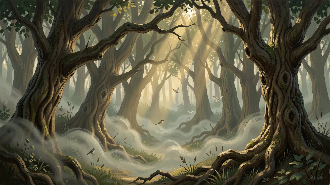 In early morning, mist curling low between the trunks, a dark, fairy-tale forest with twisted, gnarled trees, where shafts of light break through the dense canopy, birdsong echoing through the still air.