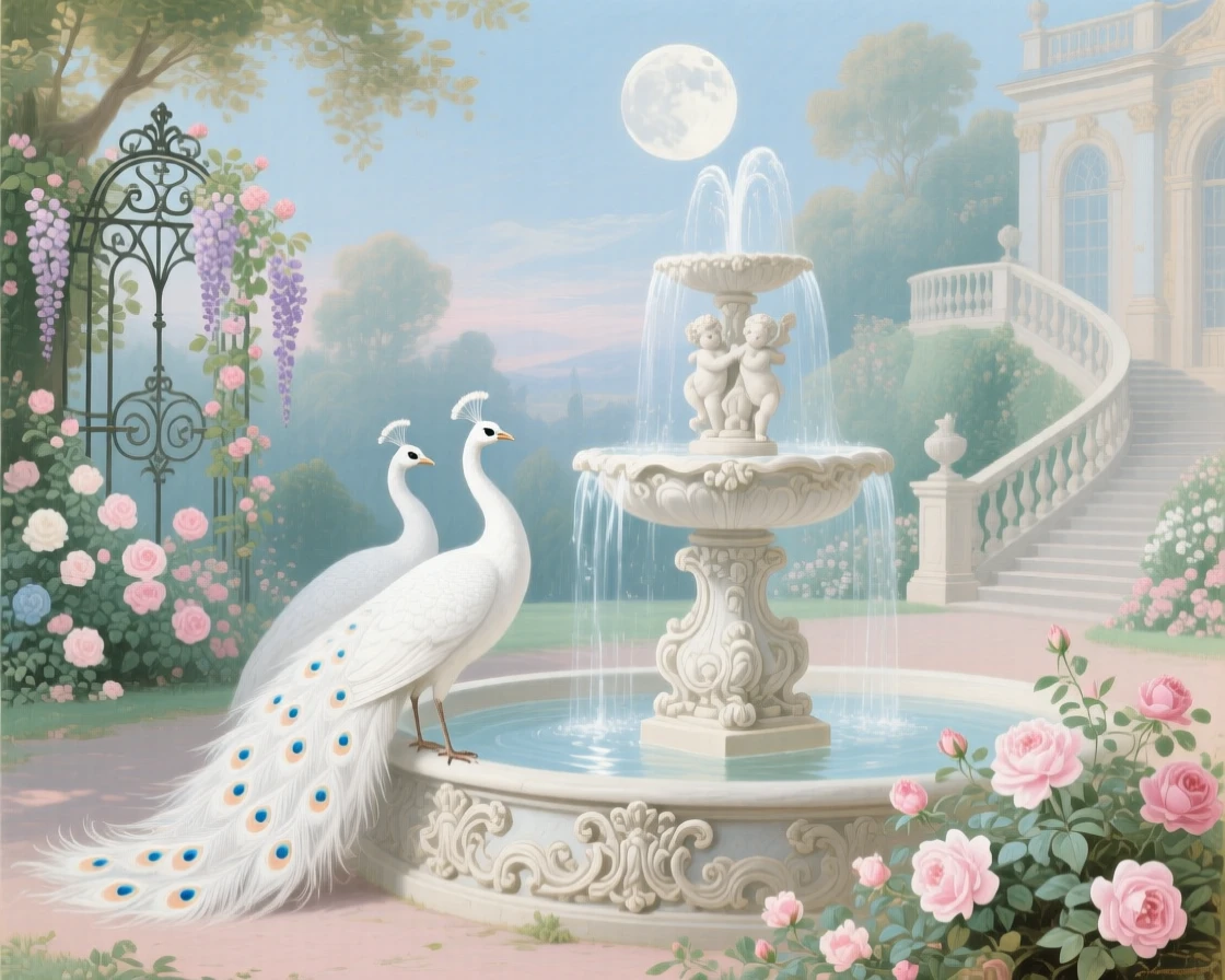 A pair of white peacocks perched beside a moonlit garden fountain  