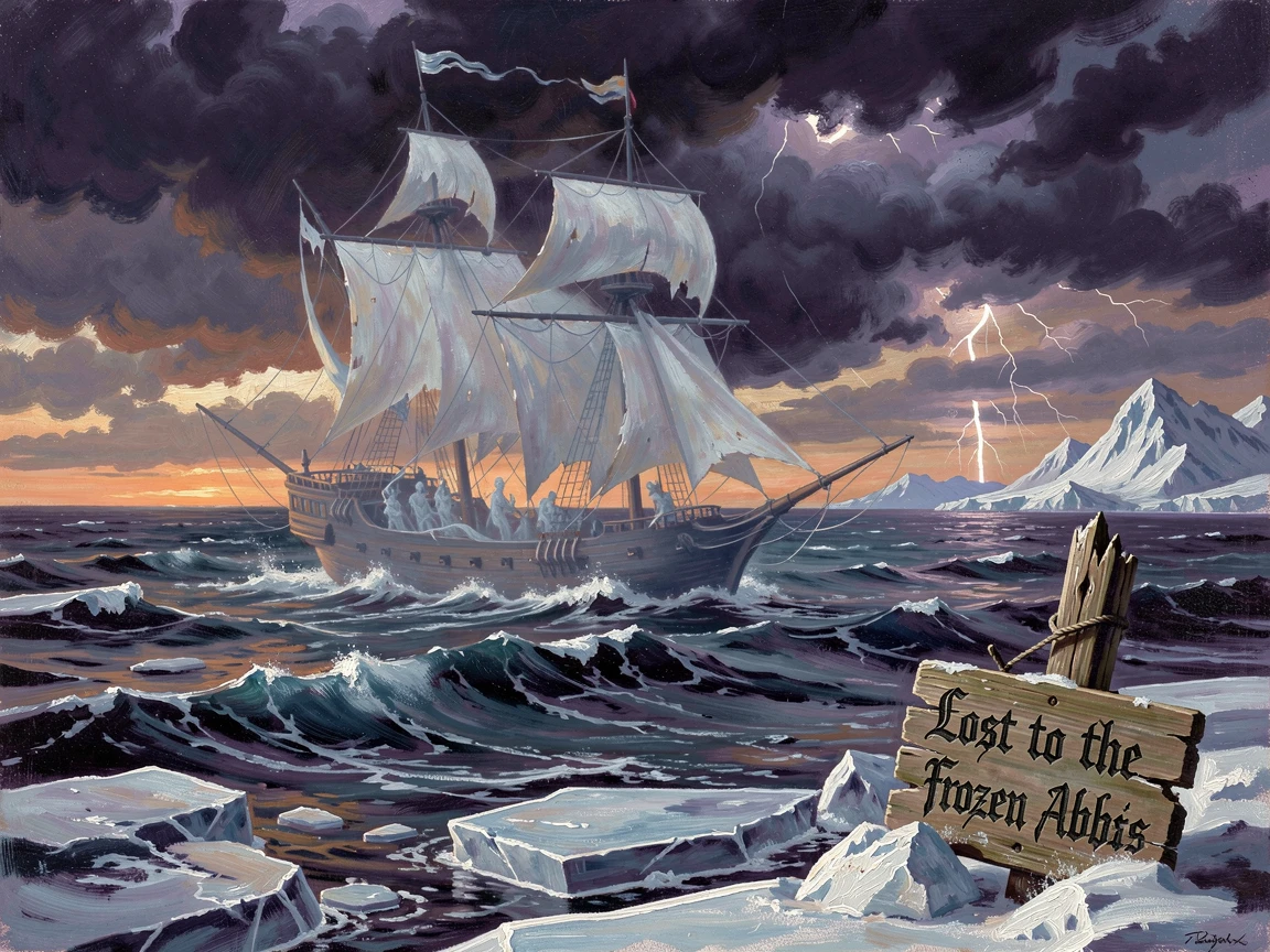 A ghostly ship cuts through icy waters at an open ocean at dusk as thunder rolls in the distance.