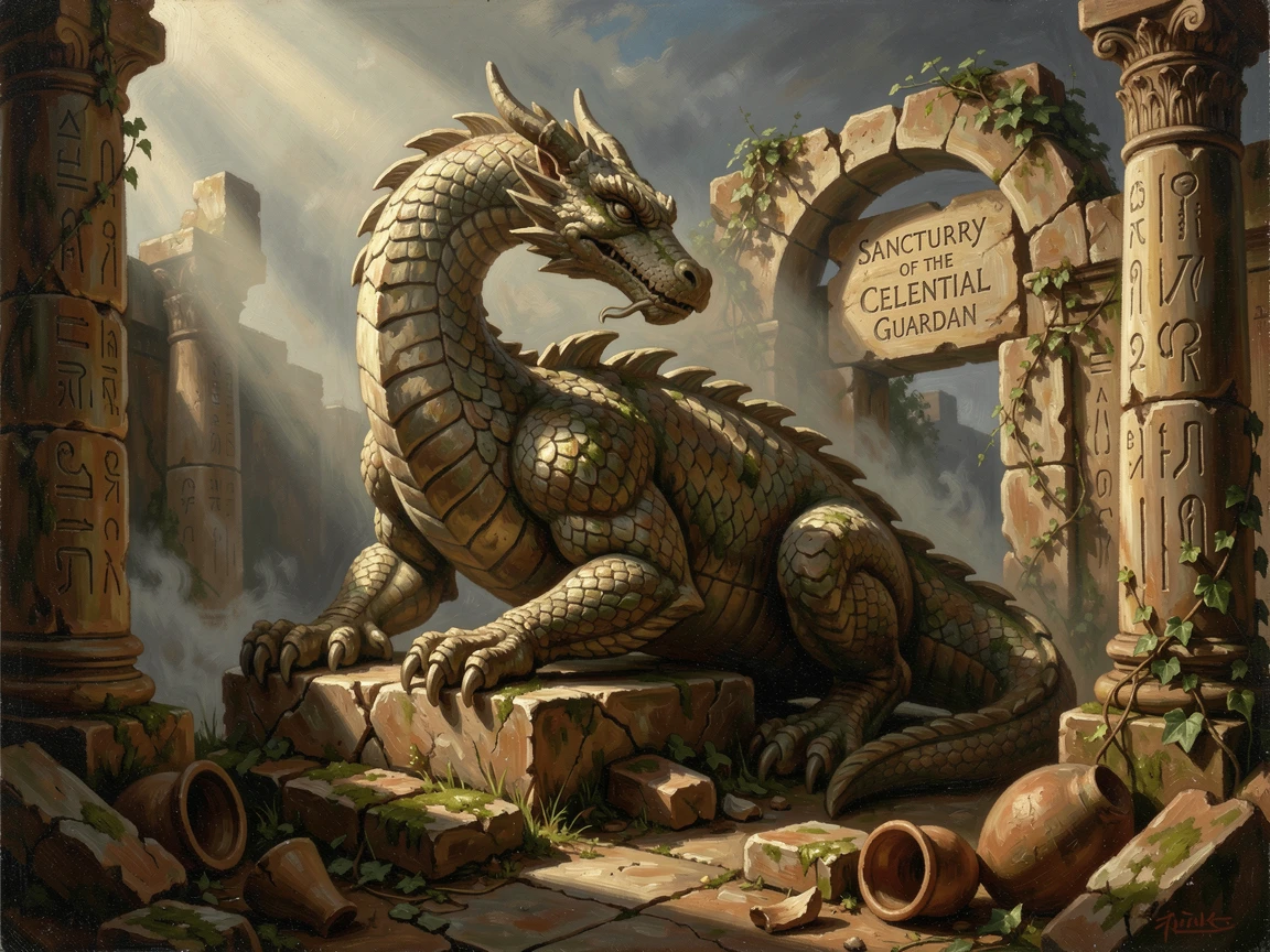 An ancient stone dragon statue coming to life amid crumbling temple ruins, as beams of light cut dramatically through darkness or fog, creating a scene that feels both magical and entirely believable