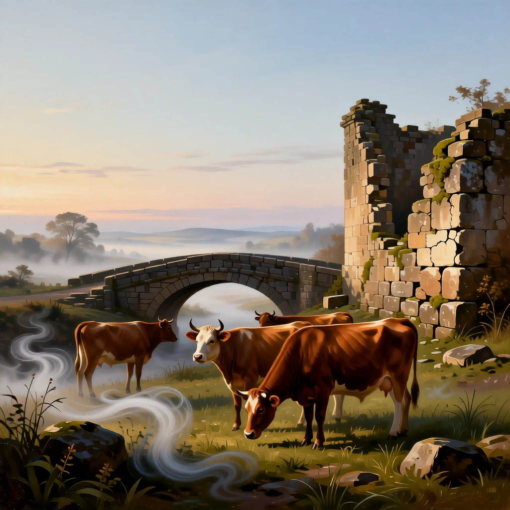 A peaceful countryside with grazing cattle beside a rustic stone bridge stretching endlessly toward a hazy, distant horizon, set beside the remnants of an old stone wall or ruin, with mist curling low along the ground in the cool morning air; foreground detail frames a sweeping, luminous background, filled with calm, restorative beauty.