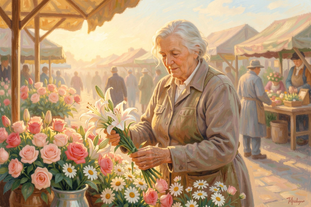 An old woman selling flowers at a bustling market stall, her weathered hands arranging fresh bouquets, at golden sunrise, filled with warmth and nostalgia.