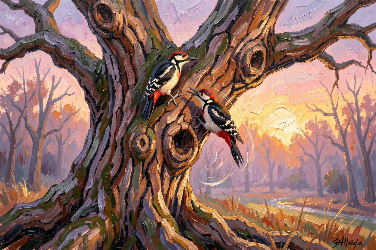 A pair of woodpeckers tapping rhythmically on an old oak tree at dawn.