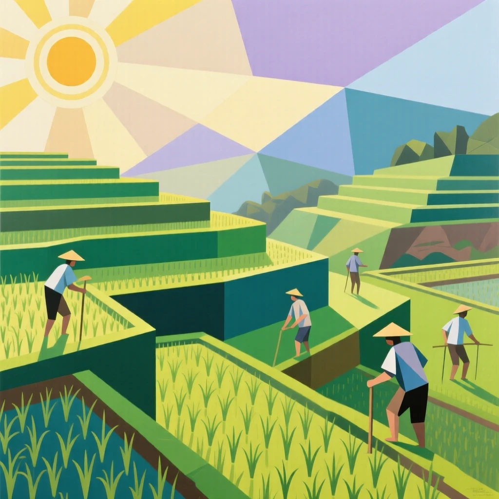 A tranquil rice terrace glowing green under the soft light of early morning.