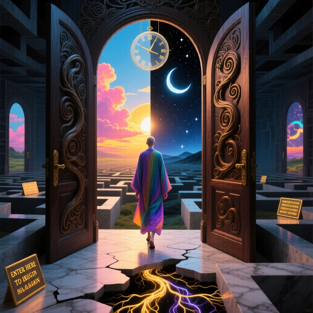 A doorway that opens onto both daybreak and midnight simultaneously repeats itself endlessly in every direction, while a lone figure walks calmly through its impossible turns.