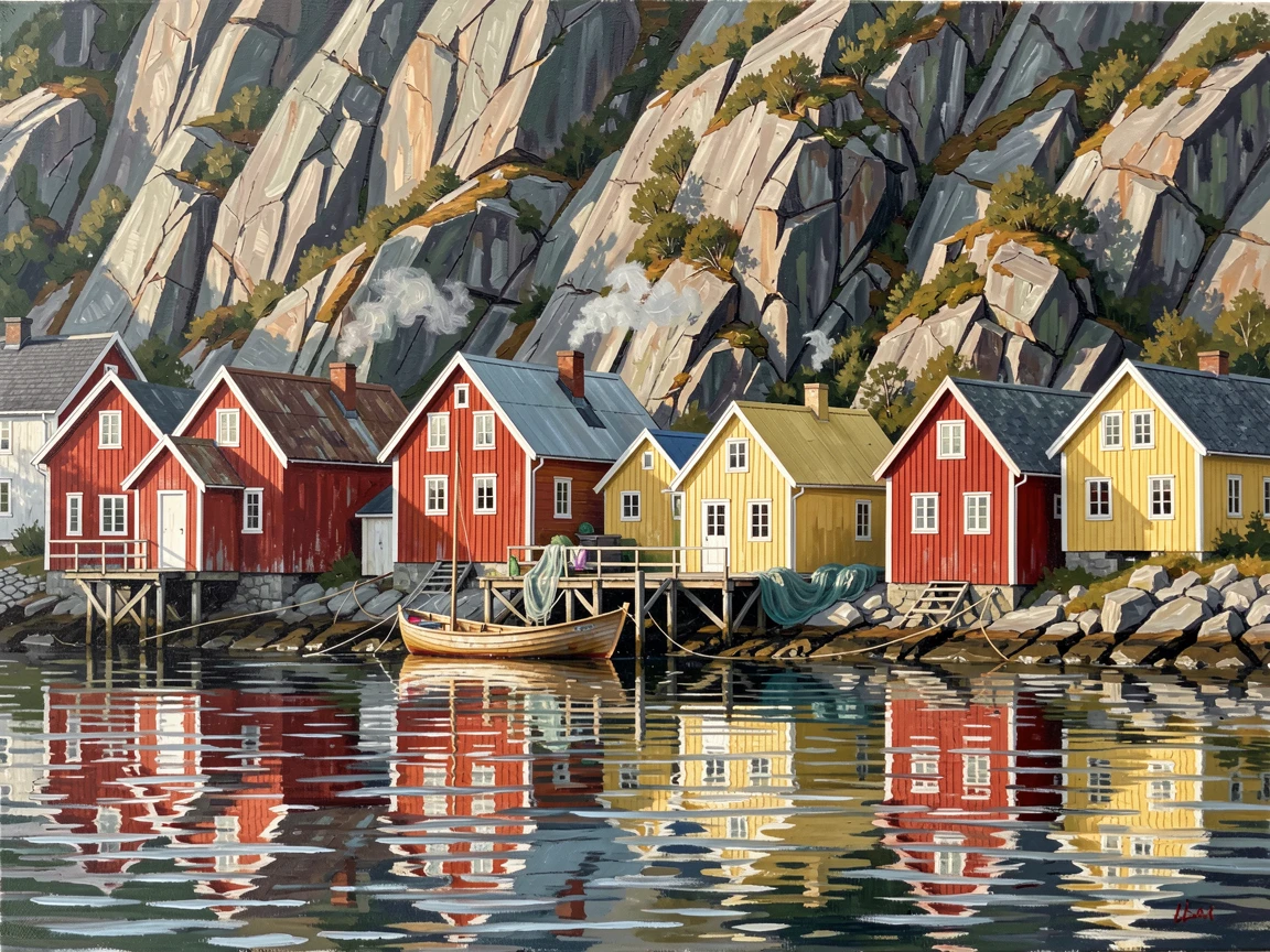 A picturesque harbor village in Norway shows red and yellow wooden houses reflected in still fjord water beneath towering cliffs, the atmosphere feeling both timeless and quietly alive with the rhythms of daily life.