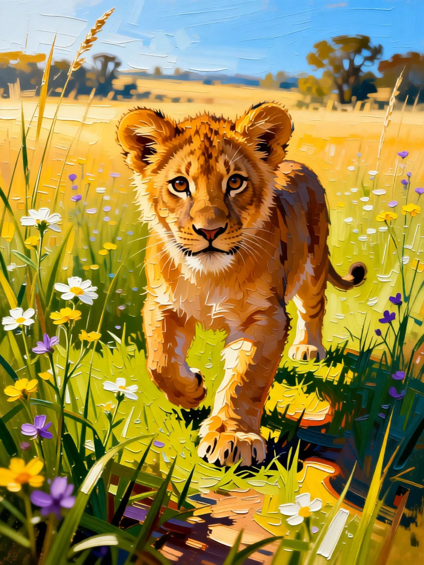 A heartwarming photo of a lion cub taking its first wobbly steps in a sunlit meadow