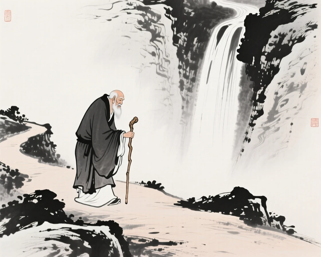 An old sage walks slowly along a winding path with a wooden staff, with a waterfall visible cascading in the distance.