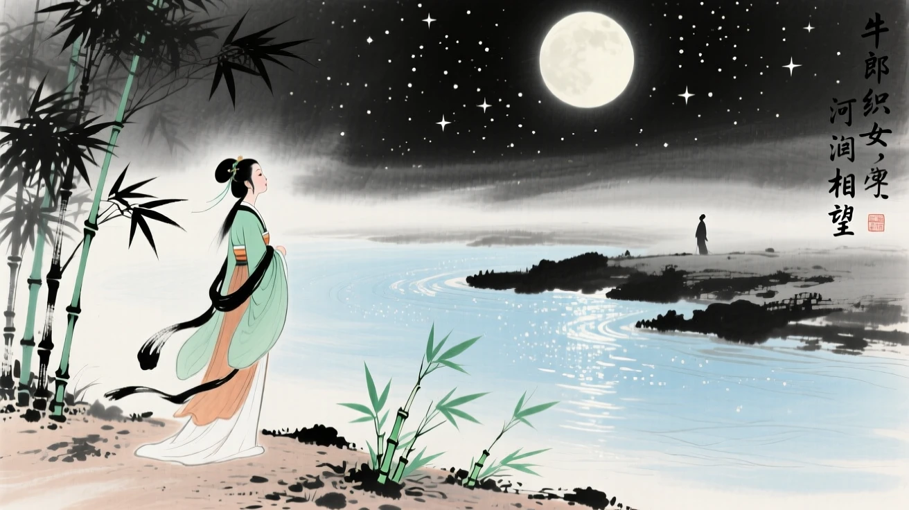 The weaver girl gazing across a river of stars toward her distant love, under a full moon, as new bamboo shoots break through the soil.