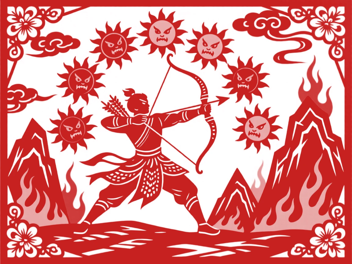 Houyi drawing his bow to shoot down nine of the ten suns scorching the earth, mountains burning in the distance