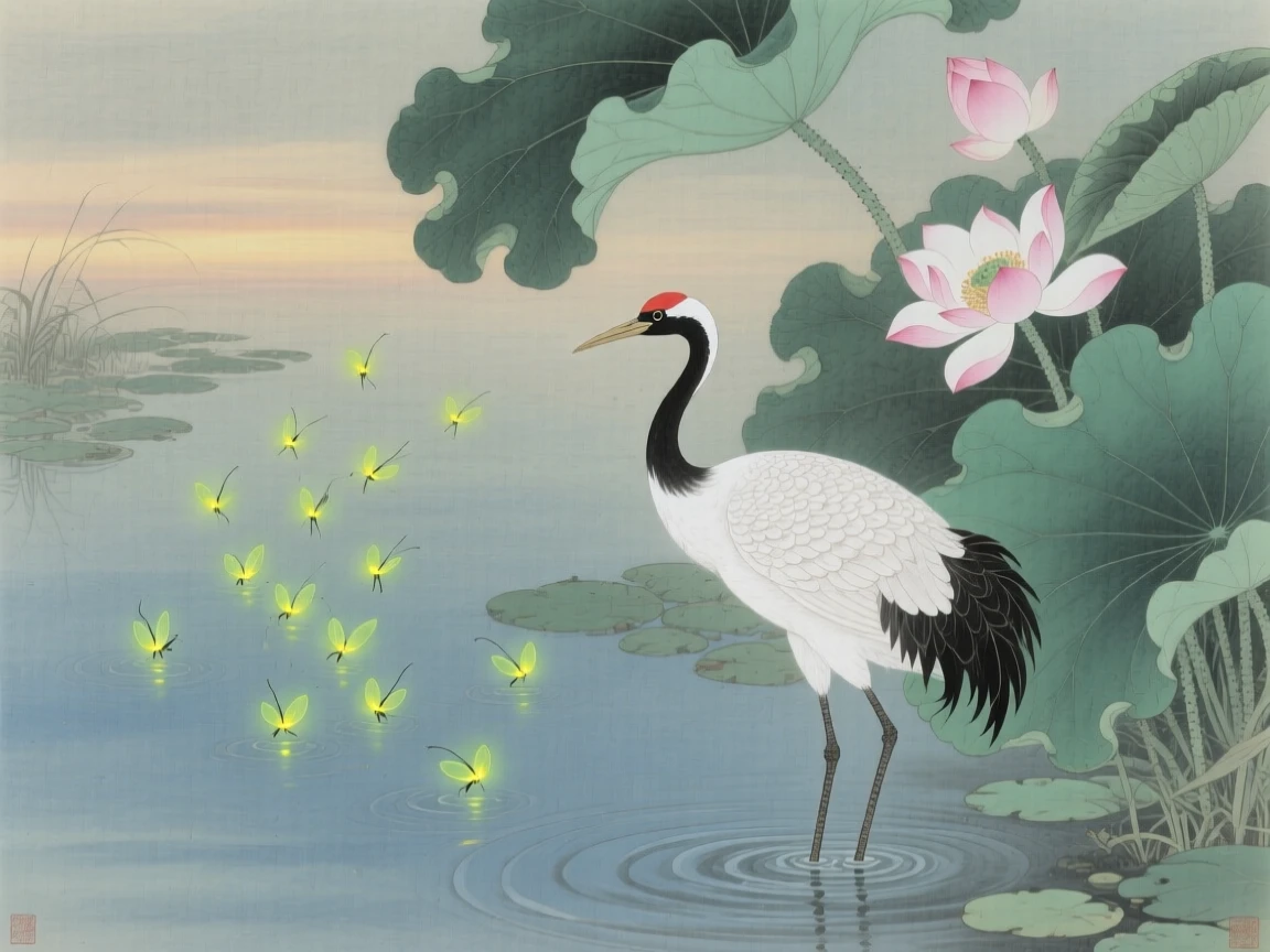 Fireflies rising above a lotus pond on a warm summer evening, with a lone crane standing at the water's edge