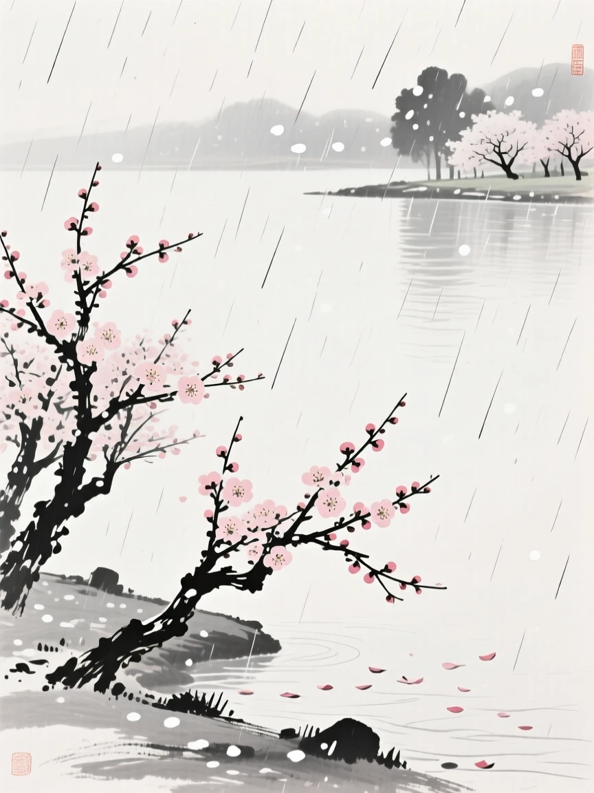 A gentle spring rain falling over blooming plum trees along the shore of a calm lake, framed through drifting petals or falling snow for depth, carrying a joyful yet peaceful atmosphere.