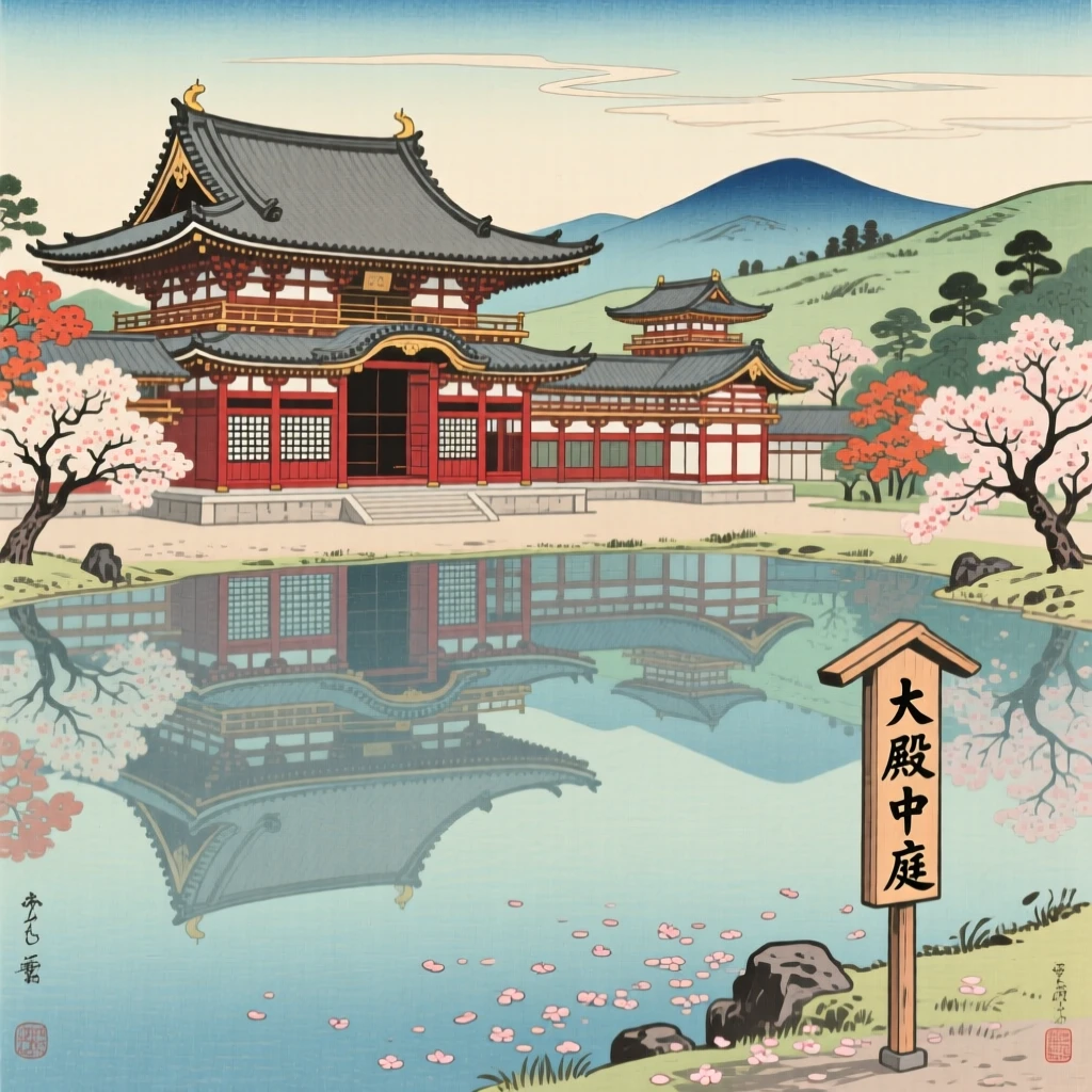 A grand palace courtyard reflected perfectly in still water.