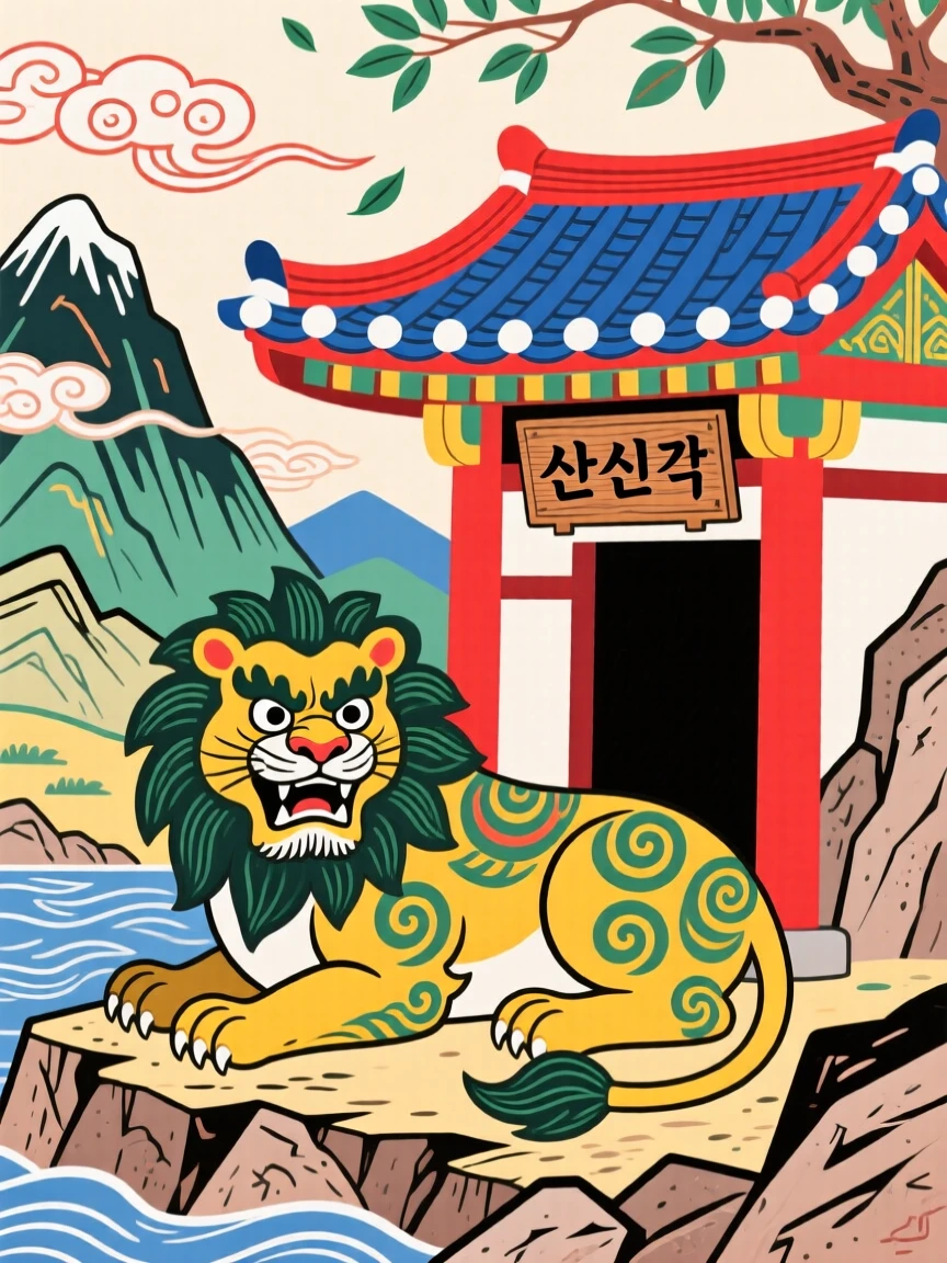 A powerful depiction of a fierce guardian lion statue resting beside a sacred mountain shrine.