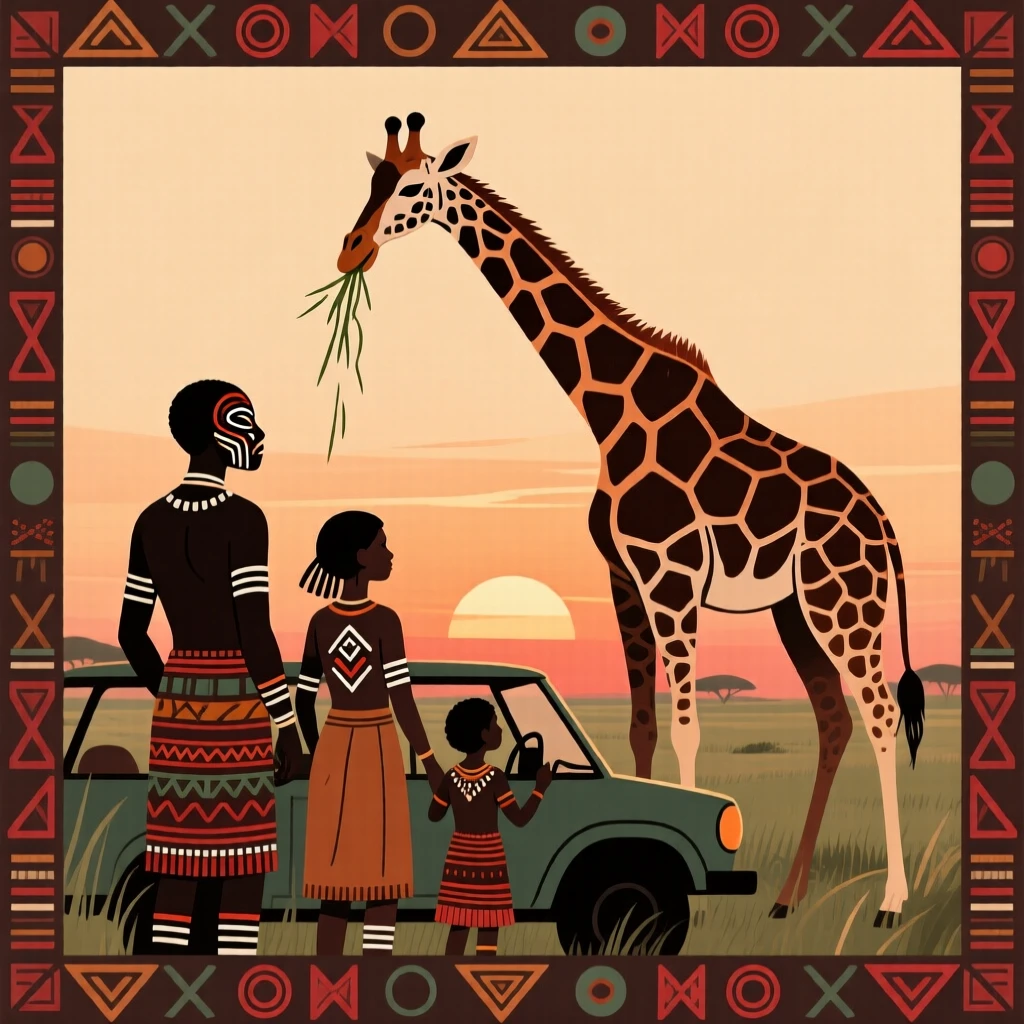 A family on a game drive watching a giraffe graze at sunset.