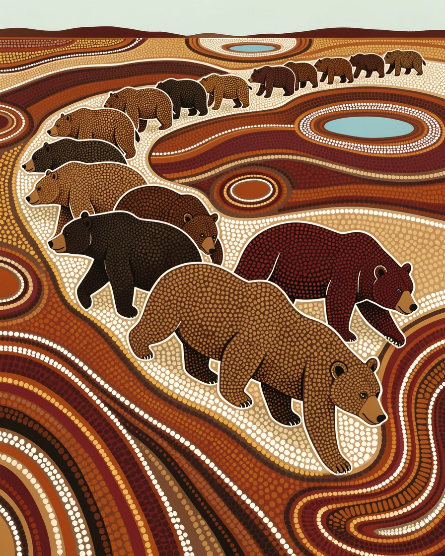 A herd of grizzly bears migrating across the plains