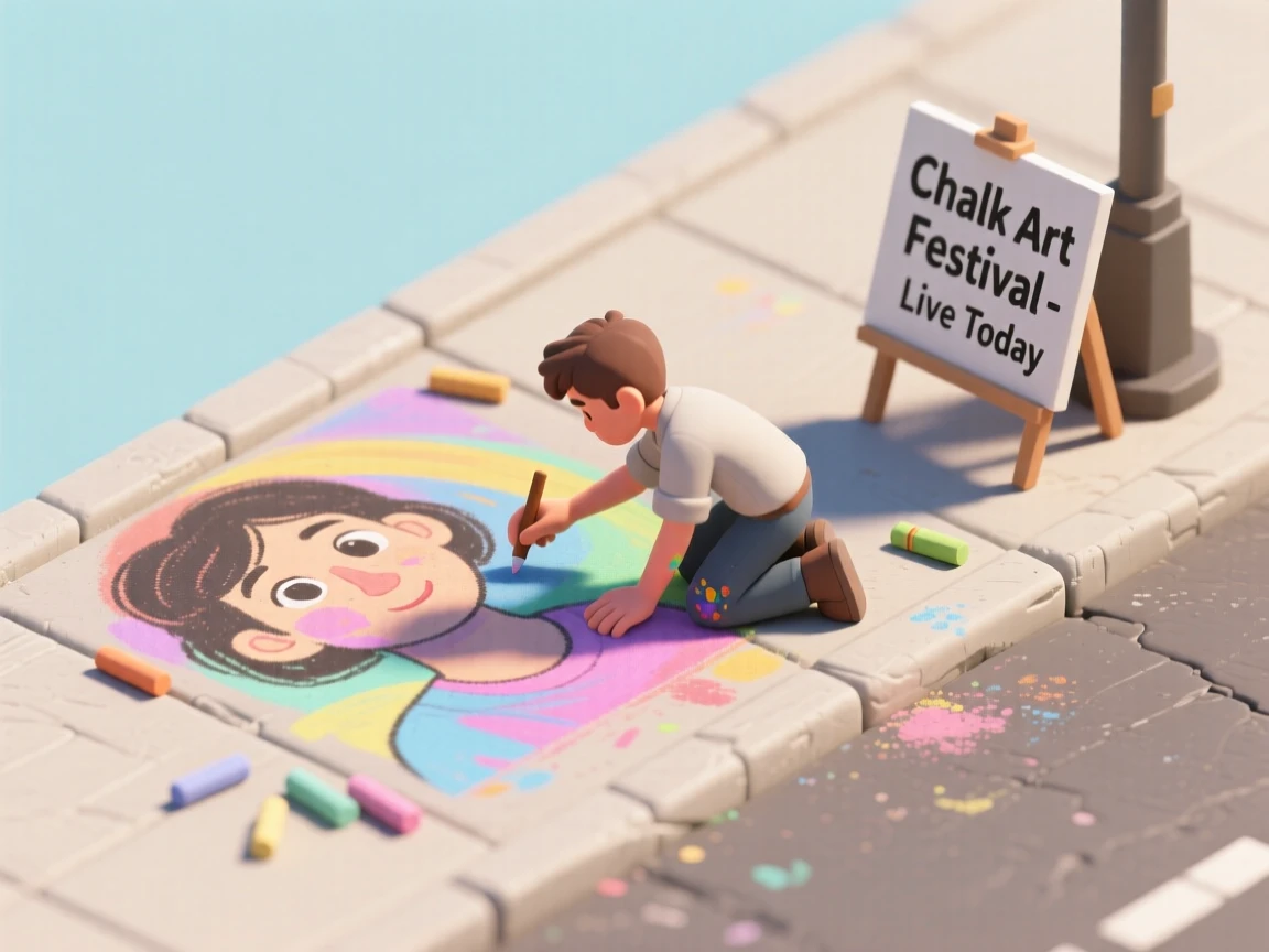 A chalk art festival on a sidewalk, an artist kneeling to add shading to a vibrant mural, colors smudged on their hands.