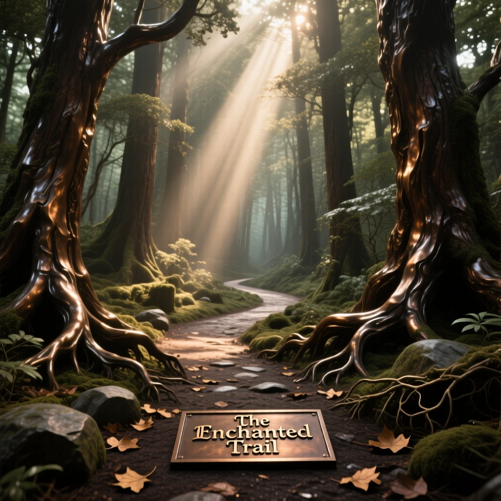 A mystical forest path lit by scattered rays of light, capturing a powerful sense of scale and grandeur, offering a breathtaking sense of place