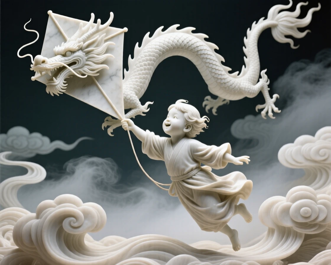 An evocative depiction of a child flying a kite shaped like a dragon, amid swirling clouds and mist, balancing detail with emotional depth