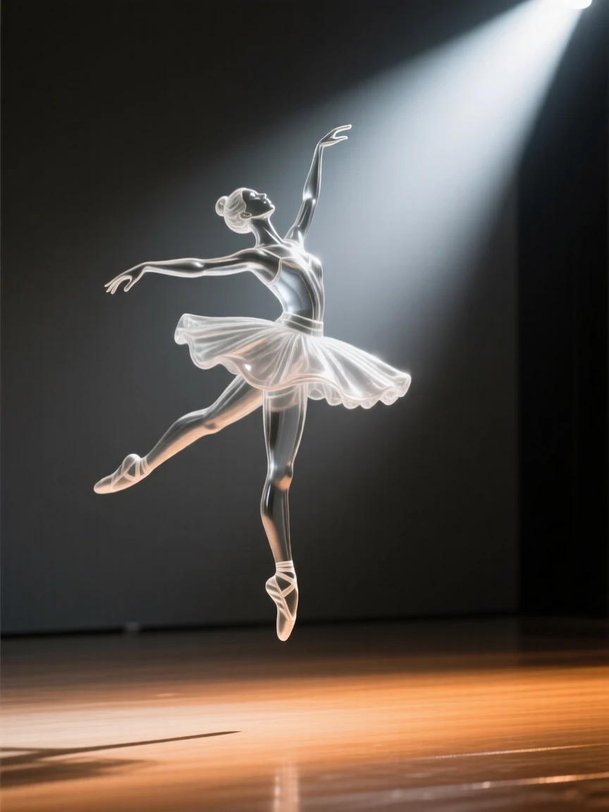 A ballerina caught mid-leap in a beam of soft stage light while a warm light spills across the surrounding stage