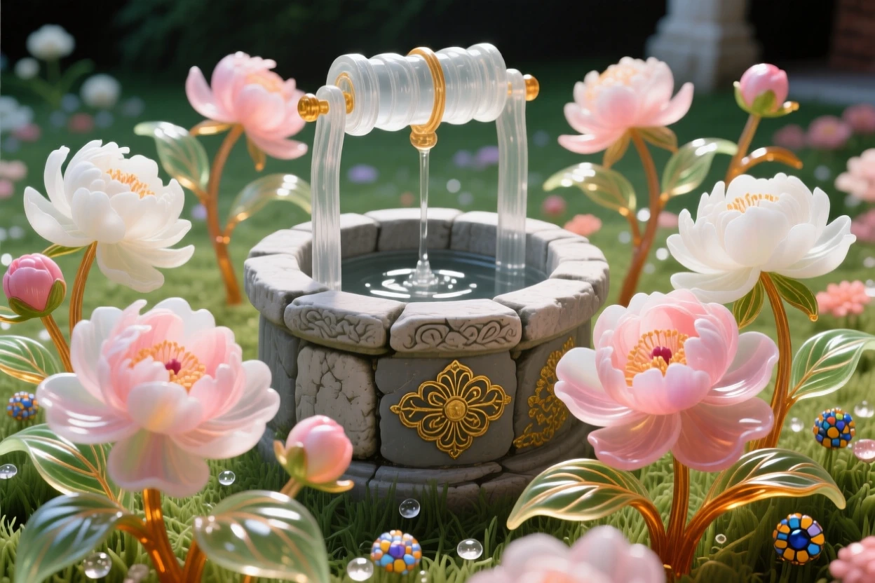 A field of blooming peonies surrounding an ancient stone well, romantic and timeless.